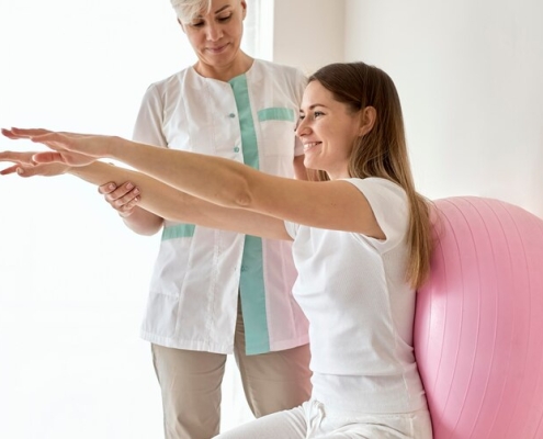 Balance training in a physiotherapy session.