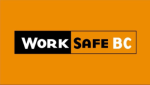 The official WorkSafeBC logo featuring the words "WORK SAFE BC" split across a horizontal black rectangle and an outlined box against a solid bright orange background.