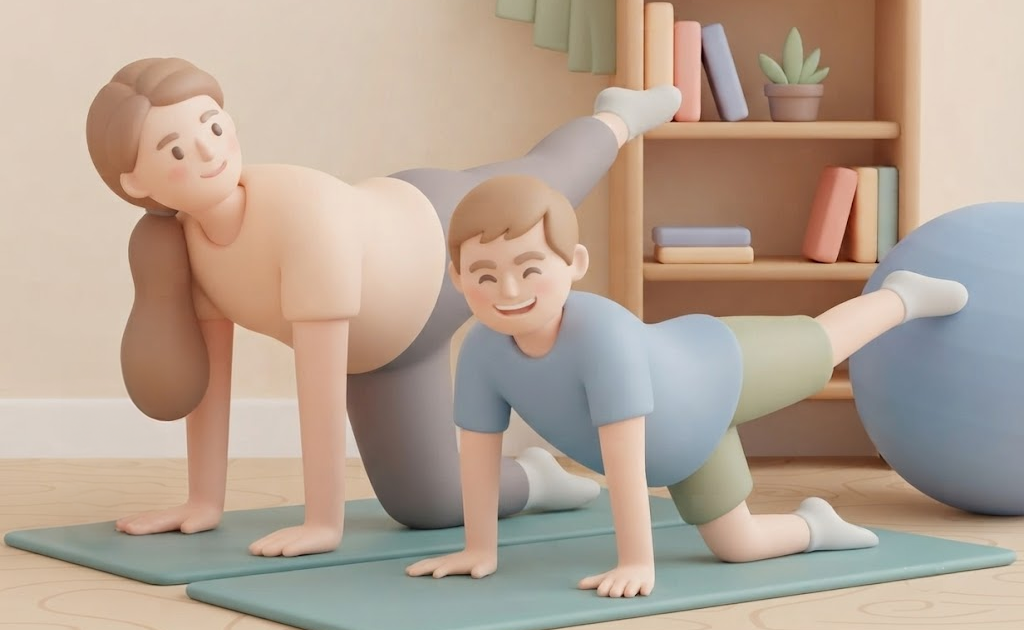 A 3D illustration of a man and a woman in athletic wear performing a quadruped leg lift exercise on individual yoga mats in a room with a bookshelf.