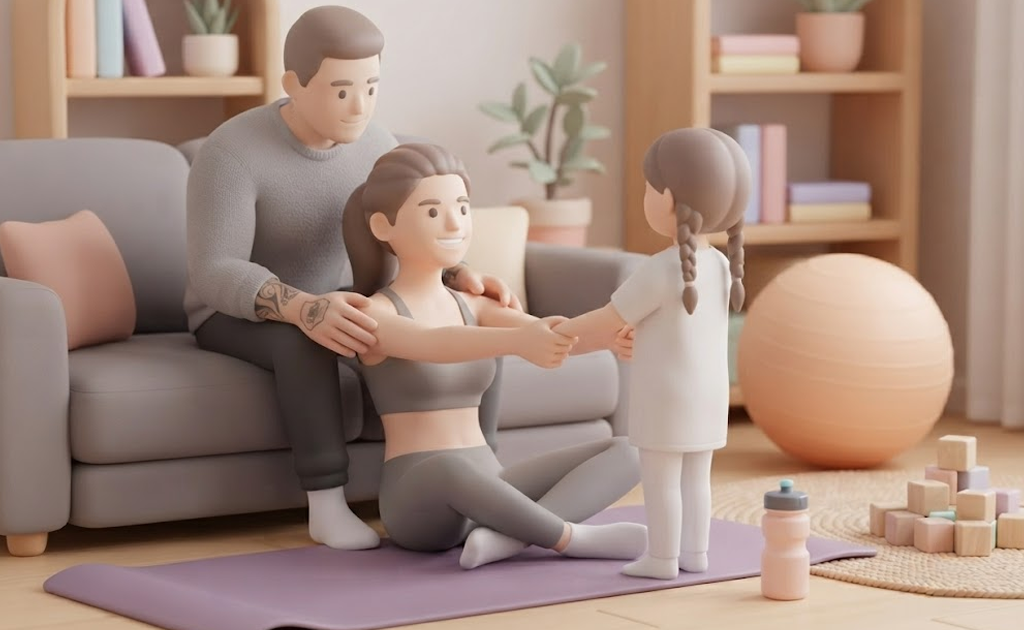 A 3D illustration of a woman sitting on a yoga mat while a man behind her gently supports her shoulders, and a young girl stands in front holding her hands.