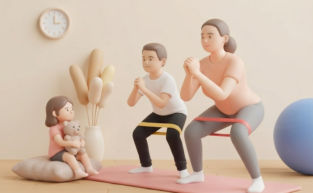 3D illustration of a man and a woman performing squats with resistance bands on a yoga mat, while a young girl sits nearby holding a teddy bear.