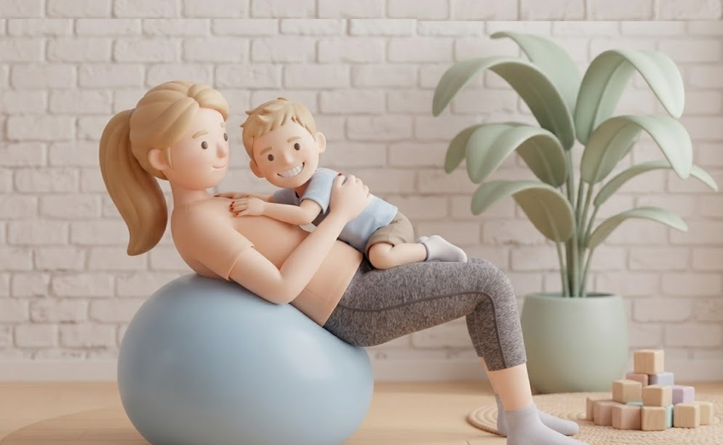 A 3D illustration of a mother sitting on a blue exercise ball and holding her young son on her lap in a room with a potted plant and wooden building blocks.
