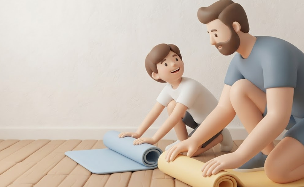 A 3D illustration of a father and his son kneeling on a wooden floor, smiling as they roll out their individual blue and yellow yoga mats.