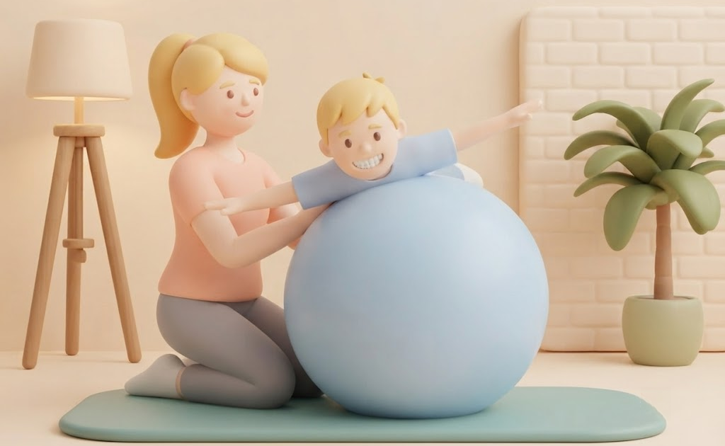 A 3D illustration of a woman kneeling on a mat and supporting a young boy who is balancing with his arms outstretched on a large blue exercise ball.